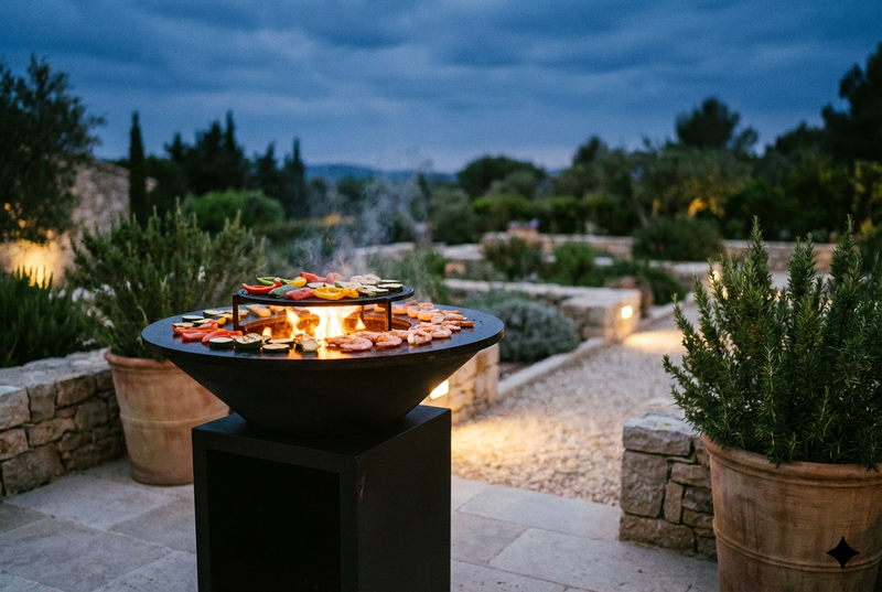 Alternative Ofyr pas chère : brasero plancha en acier noir avec légumes grillés sur terrasse au crépuscule