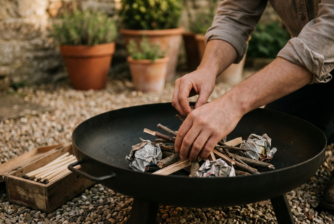 Comment utiliser un brasero : mains préparant le feu avec petit bois et allume-feu dans un brasero en acier noir