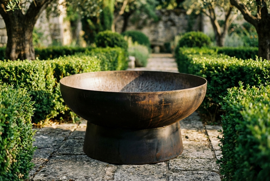 Brasero rouille patine : brasero en acier noir magnifiquement patiné dans un jardin français mature, lumière dorée