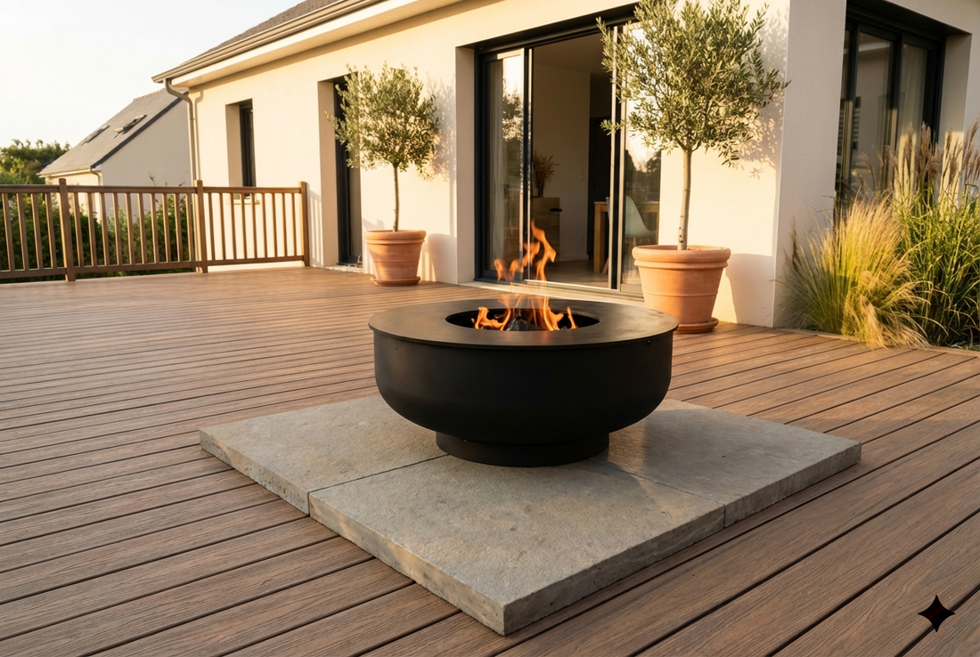 Brasero sur terrasse en bois : installation sécurisée avec plaque de protection en pierre sur deck composite