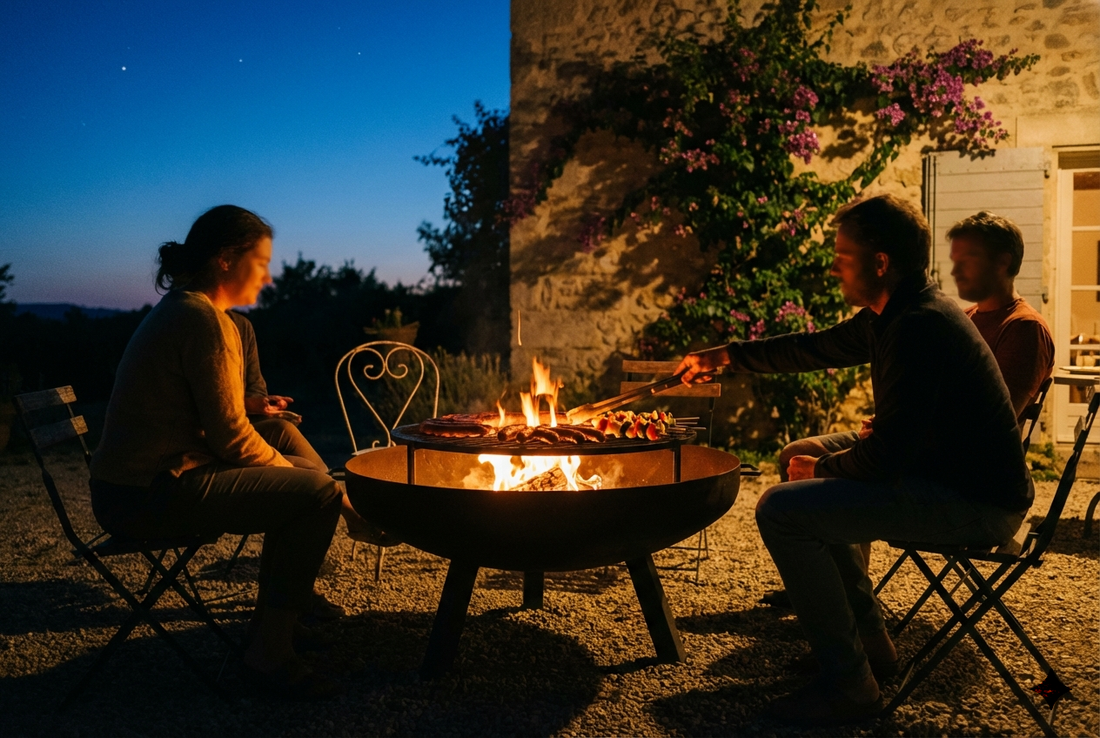 Brasero ou barbecue : brasero en acier noir avec grille de cuisson, merguez et brochettes, soirée conviviale en Provence