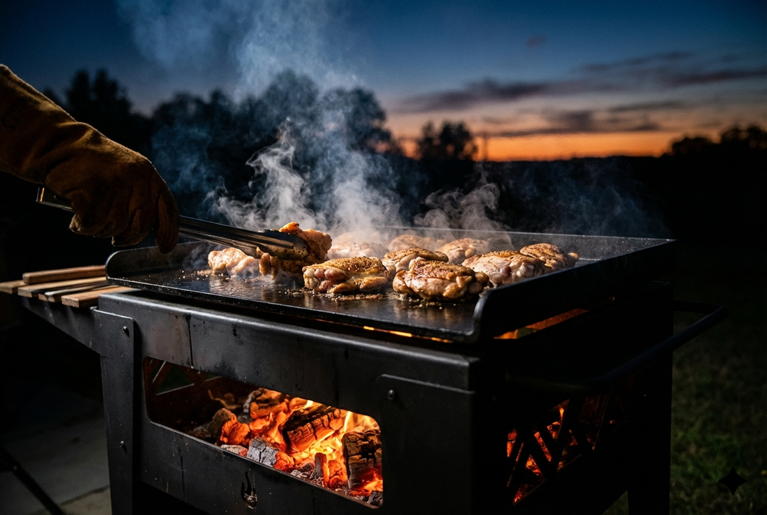 Guide brasero plancha : cuisson spectaculaire sur plancha en acier, vapeur et braises ardentes au crépuscule