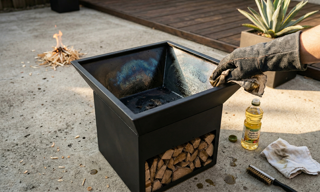 Comment culotter un brasero : brasero cube ouvert avec feu et ambiance sombre