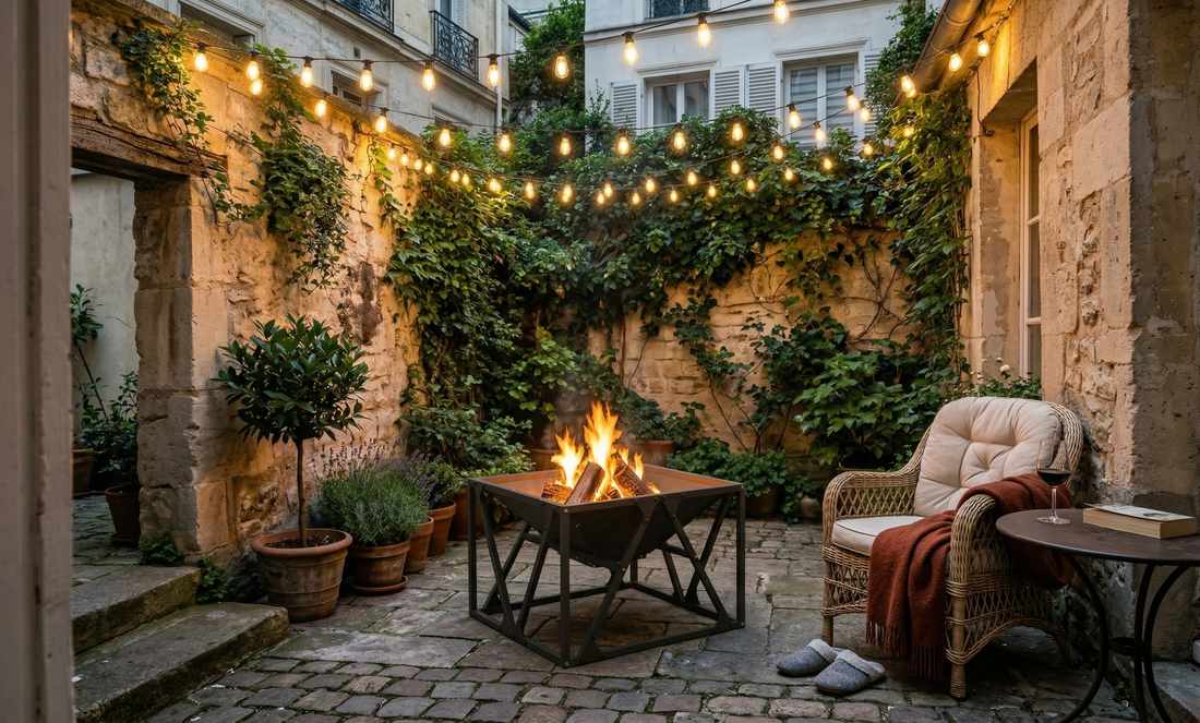 Brasero pour petit jardin : brasero X-Frame compact dans une cour parisienne