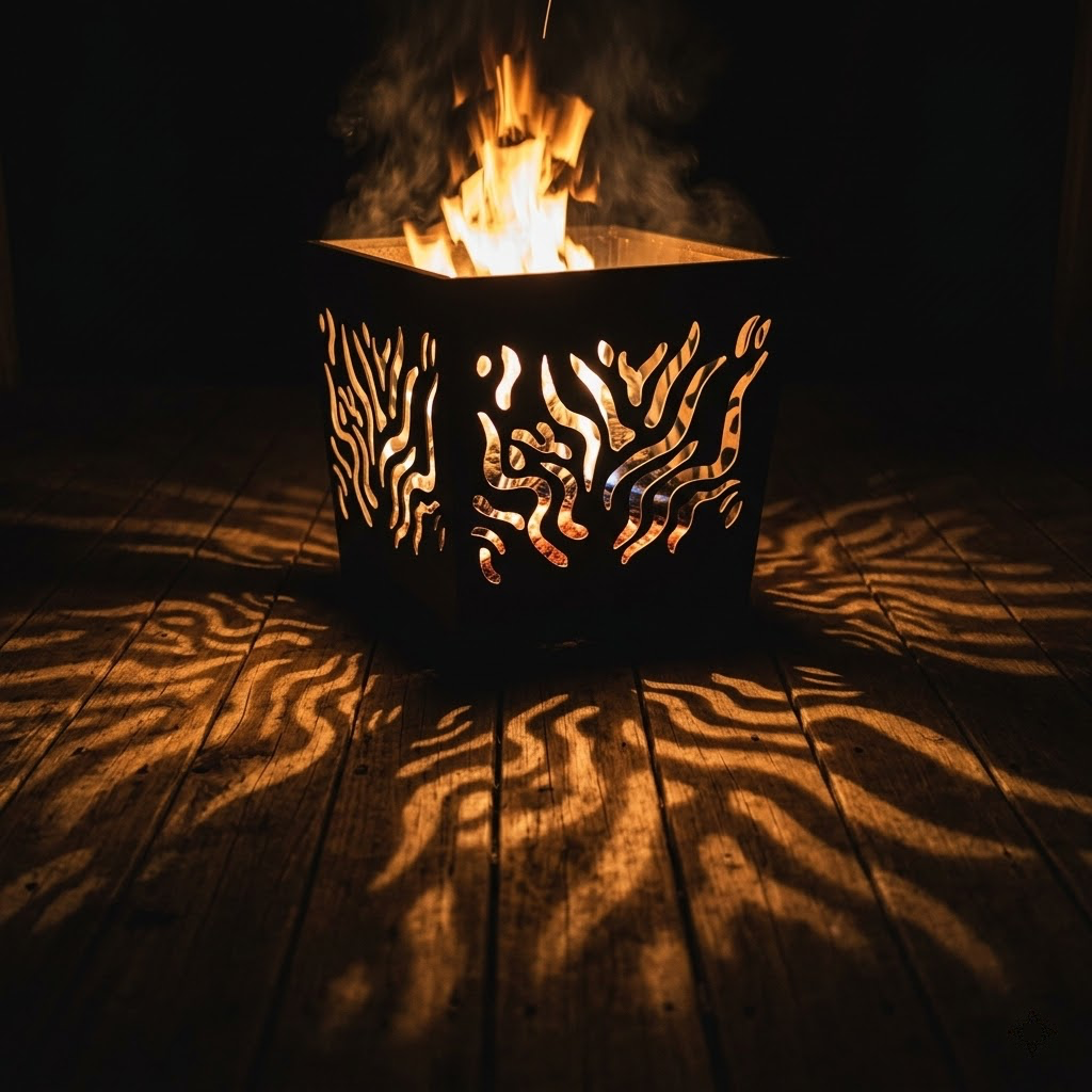 Brasero Flamme Ajouré 40 cm en situation sur terrasse avec flammes