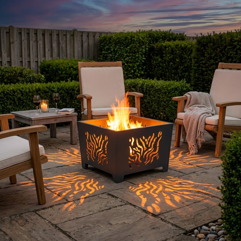 Brasero Flamme Ajouré 60 cm en situation sur terrasse avec flammes