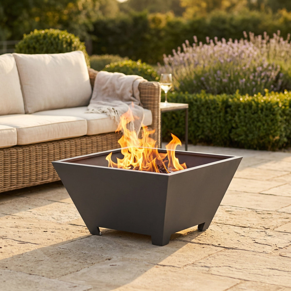 Brasero Trapèze Compact 60 cm en situation sur terrasse avec flammes