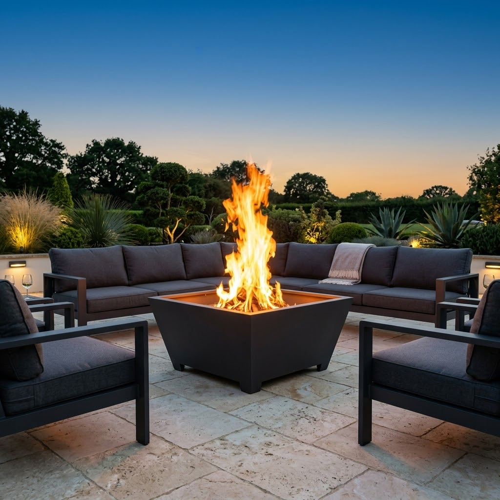 Brasero Trapèze Grand Format 80 cm en situation sur terrasse avec flammes