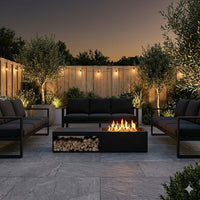 Brasero Rectangulaire XL 160 cm en situation sur terrasse avec flammes