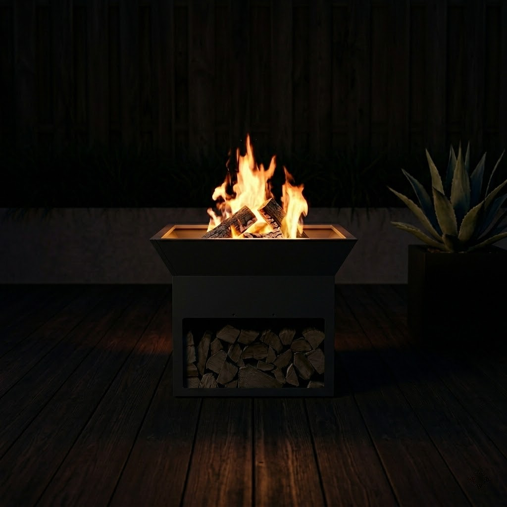 Brasero Cube Ouvert 50 cm ambiance soirée extérieure