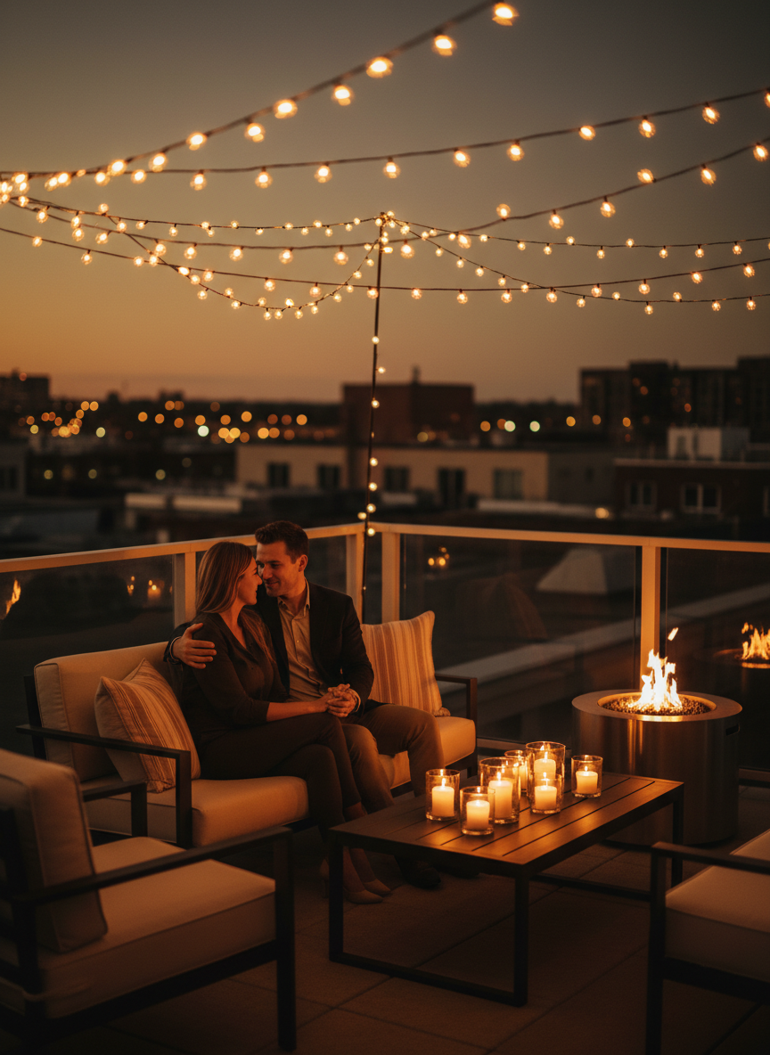 Soirée romantique sur une terrasse avec brasero